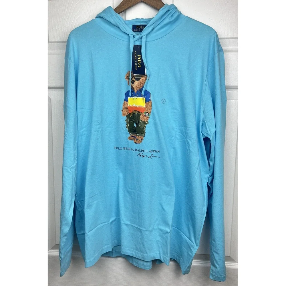 Polo Ralph Lauren Shirt Mens XL Blue Hooded Long Sleeve Polo Bear Tee New w/Tags